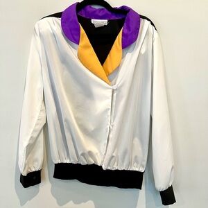 80s Vintage Jessica Michelle Jacket Blouse Long Sleeve White Purple Size 14